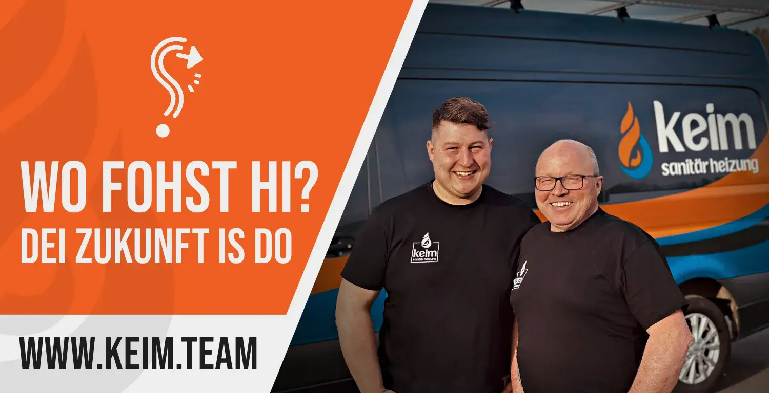 Entdecke die Gesichter hinter KEIM: Alfred und Christoph, Vater und Sohn, die das Herz unserer Sanitär- und Heizungsfirma sind. Mit einem lässigen "Wo fohst hi? Dei Zukunft is do." geben sie den Ton an. Unser Werbeplakat zeigt, dass deine Zukunft bei uns liegt. Finde deine berufliche Heimat bei KEIM! #Zukunft #Familienunternehmen #Karriere